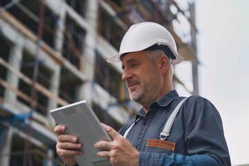 A man architect wearing hardhat works on digital tablet. Supervisor wearing safety helmet while working in a building site. AI generative