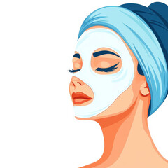 A young woman enjoys selfcare, applying a sheet mask in a vibrant, modern flatstyle illustration against a white backdrop.