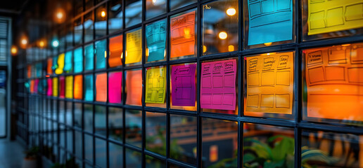 A glass storefront is covered in colorful sticky notes, creating a vibrant display of messages, reminders, and ideas.