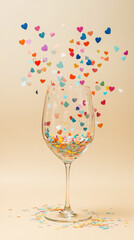 Confetti hearts exploding from champagne glass on light background, copy space, party invitation. Generative AI