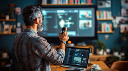 A teacher recording an educational tutorial for online distribution, with teaching materials displayed on screen