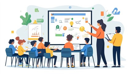 Fototapeta premium A teacher standing at the front of the classroom, using a digital smartboard to explain a complex concept to students