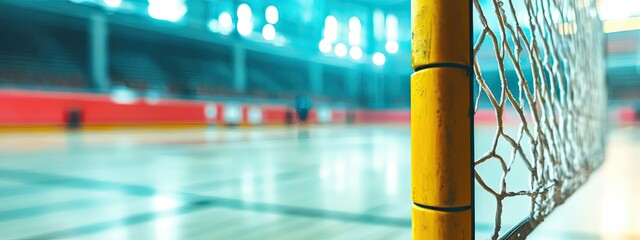 Detail of handball goal post with net and game in the background.