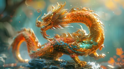 Fototapeta premium Dragon 3D Chinese 2024 Year Gold New Lunar CNY Podium