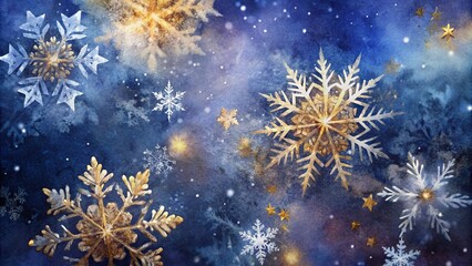 Beautiful snowflakes floating in a magical winter background with sparkling stars in a dreamy style