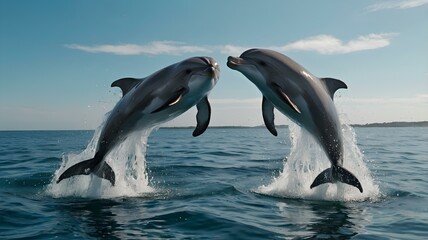Naklejka premium Two Dolphins leap out of the water