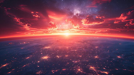 Breathtaking view of Earth's sunrise from space, featuring glowing clouds, city lights, and a starry sky in vibrant red hues