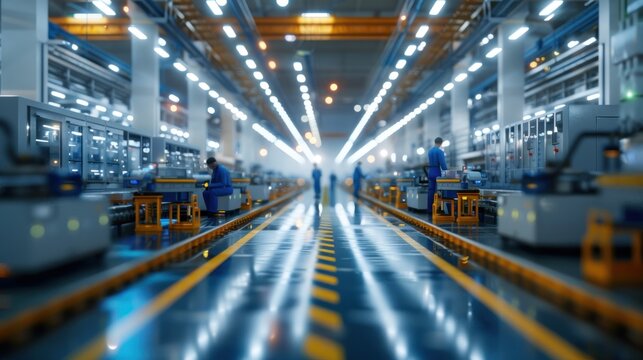 Factory workers overseeing production lines in an advanced manufacturing plant with a bright and clean environment.