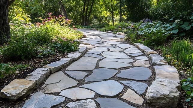 Stone Path Winding Through a Lush Garden