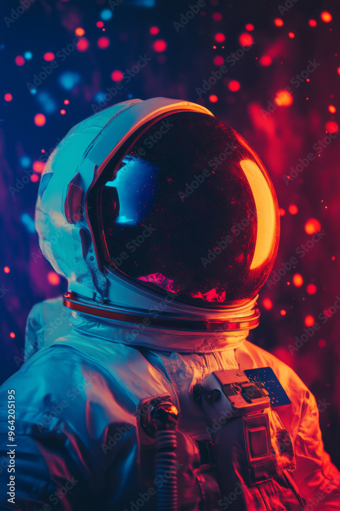 Poster astronaut wearing helmet against abstract cosmic background. man in spacesuit with neon lighting and