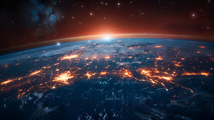 View of Earth from space showing city lights, illuminated continents, and stars in the background with a sunrise on the horizon