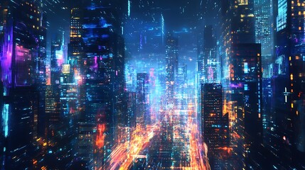 Obraz premium A vibrant, colorful city skyline at night with glowing lights and a futuristic feel, possibly rendered with digital art techniques.