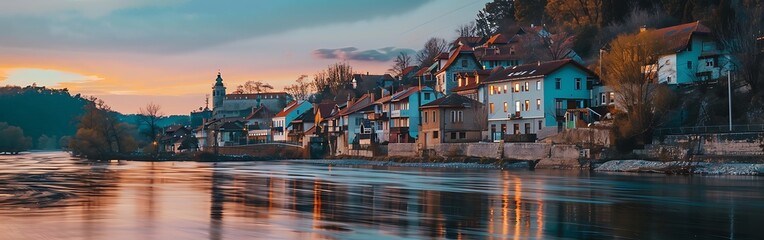 Obraz premium Town scape with River Elbe at sunset