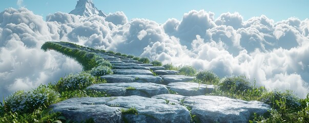 Stone stairway leading upwards through clouds towards a mountain peak, suggesting a journey or a path to success.