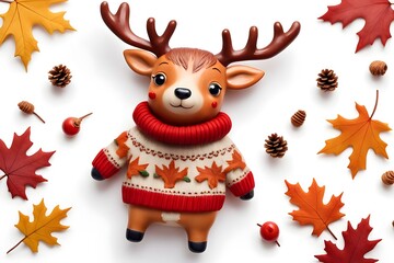 Fototapeta premium cute ceramic deer dressed in a sweater with autumn decoration on white
