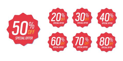 Special offer discounts label starting from 20, 30, 40, 50, 60, 70, 80 percent off. vector discount sticker red.