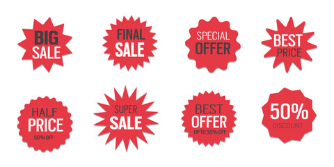 Red starburst sale stickers super sale stickers and tags collection and badges with best offer and discount signs vector.