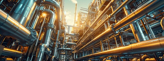 Green energy plant with pipes and machinery under a sunny sky. Industrial, sustainable environment.