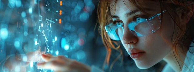 Female scientist analyzing data on a futuristic holographic interface in a lab. Cool lighting, focused atmosphere.