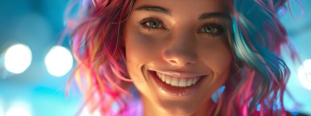 Naklejka premium Woman with multicolored hair smiling. Bright lighting, cheerful mood.