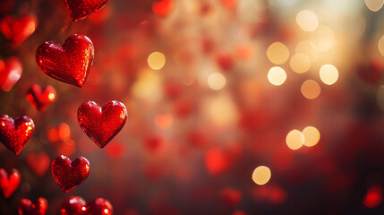 Valentine's Day Background Banner with Abstract Panorama and Red Hearts - Concept of Love
