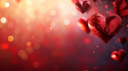 Valentine's Day Background Banner with Abstract Panorama and Red Hearts - Concept of Love