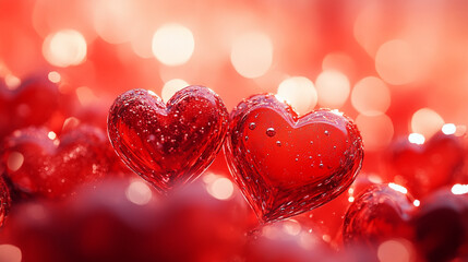 Valentine's Day Background Banner with Abstract Panorama and Red Hearts - Concept of Love
