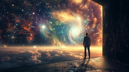 Man Looking at Vast Galaxy and Nebula Above Clouds Illustration â€“ Cosmic Exploration and Dreamy Sky