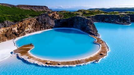 Fototapeta premium Relax in the Blue Lagoon in Iceland, a geothermal spa surrounded by volcanic landscapes and warm, mineral-rich waters. 