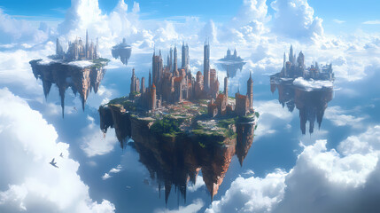 Fototapeta premium .A fantastical journey above mundane world, sky becomes a boundless azure canvas. ethereal cities float like islands. Floating Islands. Illustration