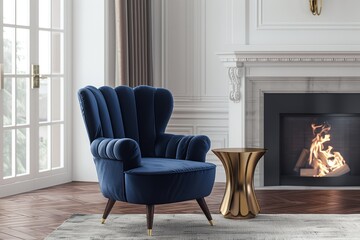 Dark blue velvet chair with dark wood legs, fluted back and seat, in modern living room with fireplace, white walls, and golden coffee table.