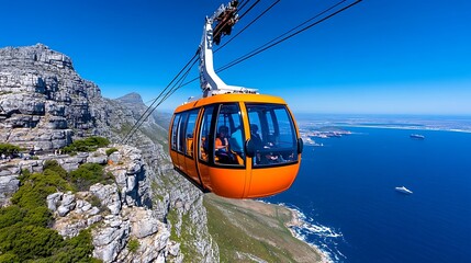 Obraz premium Take a cable car up Table Mountain in South Africa, offering panoramic views of Cape Town and the Atlantic Ocean. 