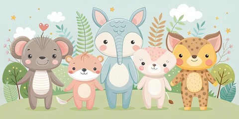 Obraz premium Whimsical animal illustrations in minimalist vector style with soft pastel colors and playful mood emphasizing friendship concept
