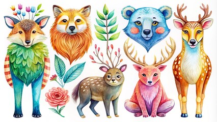 Naklejka premium whimsical animal illustrations with bold outlines and watercolor textures