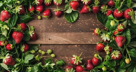 Fresh ripe strawberries with green leaves arranged in a circle on a rustic wooden table. Perfect for summer recipes and healthy eating.