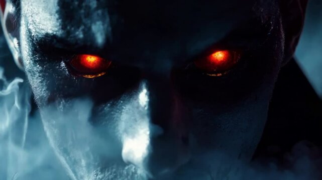 Halloween vampire with glowing red eyes, dark background with mist and shadows