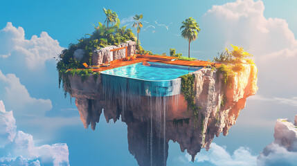 A cliff-hanging floating island with a swimming pool and tropical atmosphere - generative ai. Floating Islands. Illustration