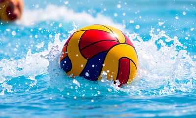 A close-up of a water polo ball splashing through the water