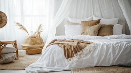 Hotel room with comfortable double bed  neatly white sheets  decorative cover and pillows. Bedroom with textile decor  cushions and bedding. Concepts of cozy morning at home