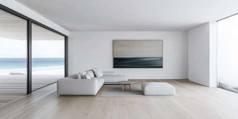 Fototapeta premium Living room in a luxury Mediterranean villa next to the sea with minimalist decor and coastal furniture. Luxury Real Estate homes interior design.