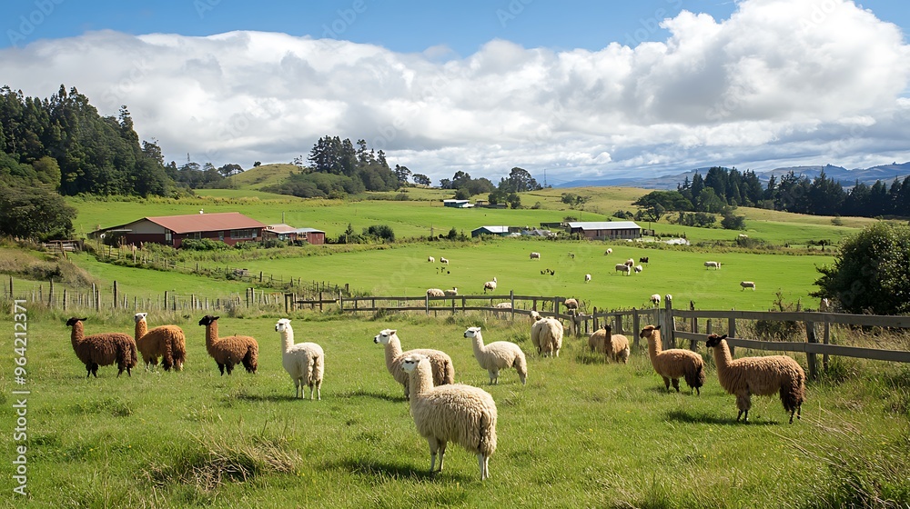 Wall mural A Herd of Llamas Grazing in a Lush Meadow