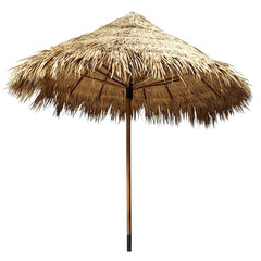 Straw beach umbrella for sun protection, isolated on transparent cutout background