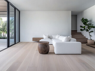 Fototapeta premium Living room in a luxury Mediterranean villa next to the sea with minimalist decor and coastal furniture. Luxury Real Estate homes interior design.