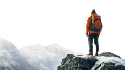Hiker standing on snowy peak, overlooking mountain range, cut out