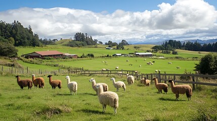A Herd of Llamas Grazing in a Lush Meadow