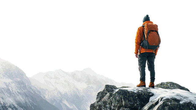 Hiker standing on snowy peak, overlooking mountain range, cut out