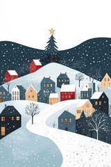 Snowy village with Christmas tree on hilltop