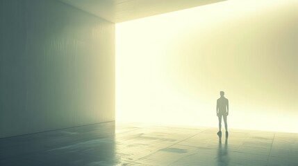 Silhouette of Man in Minimalist Room with Bright Light, Futuristic and Abstract Design for Conceptual Themes