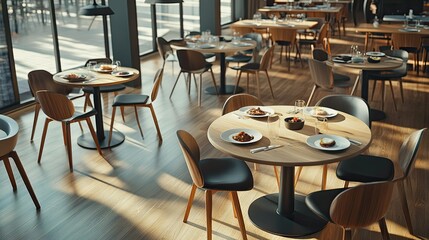Fototapeta premium Minimalist restaurant interior with chairs and round tables with dishes in row, hardwood floor. Cozy cafe eating space with modern furniture and lamps. 3D rendering.