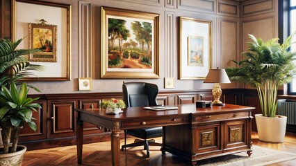 Fototapeta premium Elegant office interior with wooden furniture and decorative art.